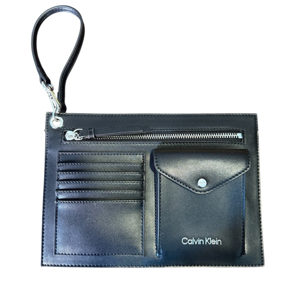 CALVIN KLEIN Black Faux Leather Wristlet Clutch Wallet Zipper Snap Card Holder